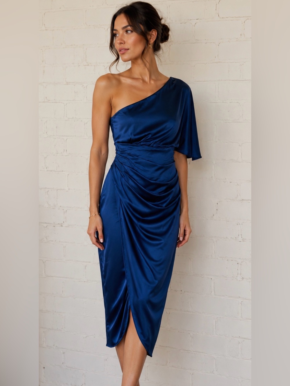 DO+BE One-Shoulder Satin Draped Midi Dress in Navy Blue
